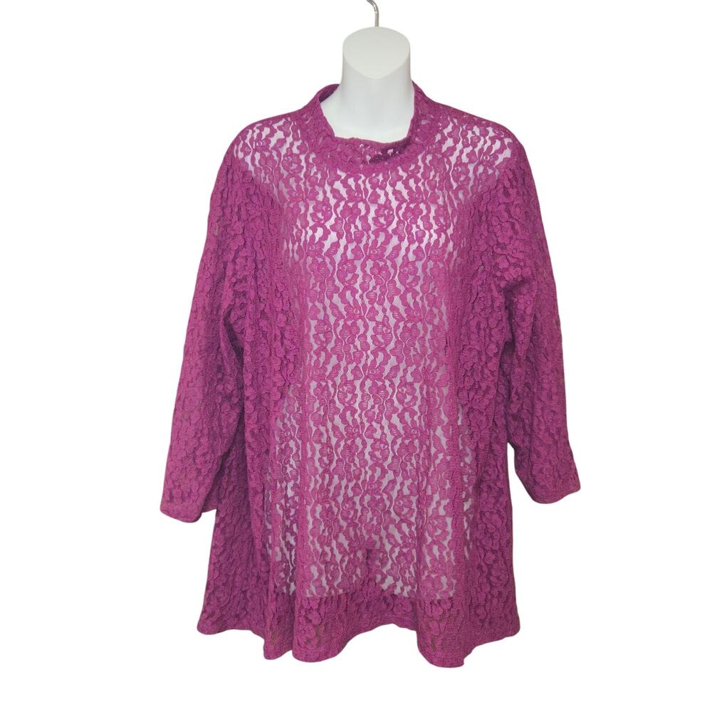 Kate & Mallory Womens 3X Lace Top Sheer Floral Magenta Overlay Romantic Feminine